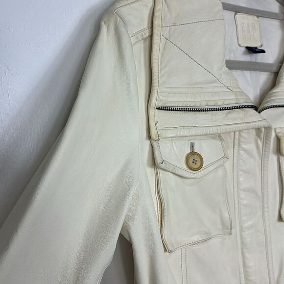 GAP Genuine Leather Full Zip Jacket With Pockets In Ivory Size M - Picture 2 of 11